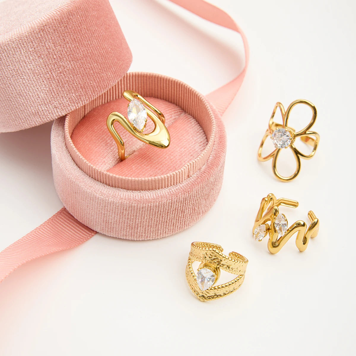 J&D Fashion Dainty Rings With Zircon Hollow Flower O-shaped Geometric Zircon Series Open Rings for Delicate Women