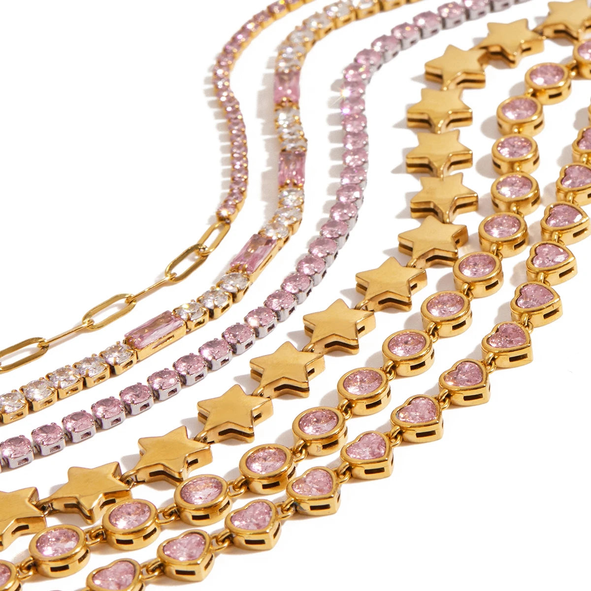 J&D 18K Gold Plate Stainless Steel Bracelet Classic Heart Pink Zircon Watch Strap Chain Tennis Bracelets