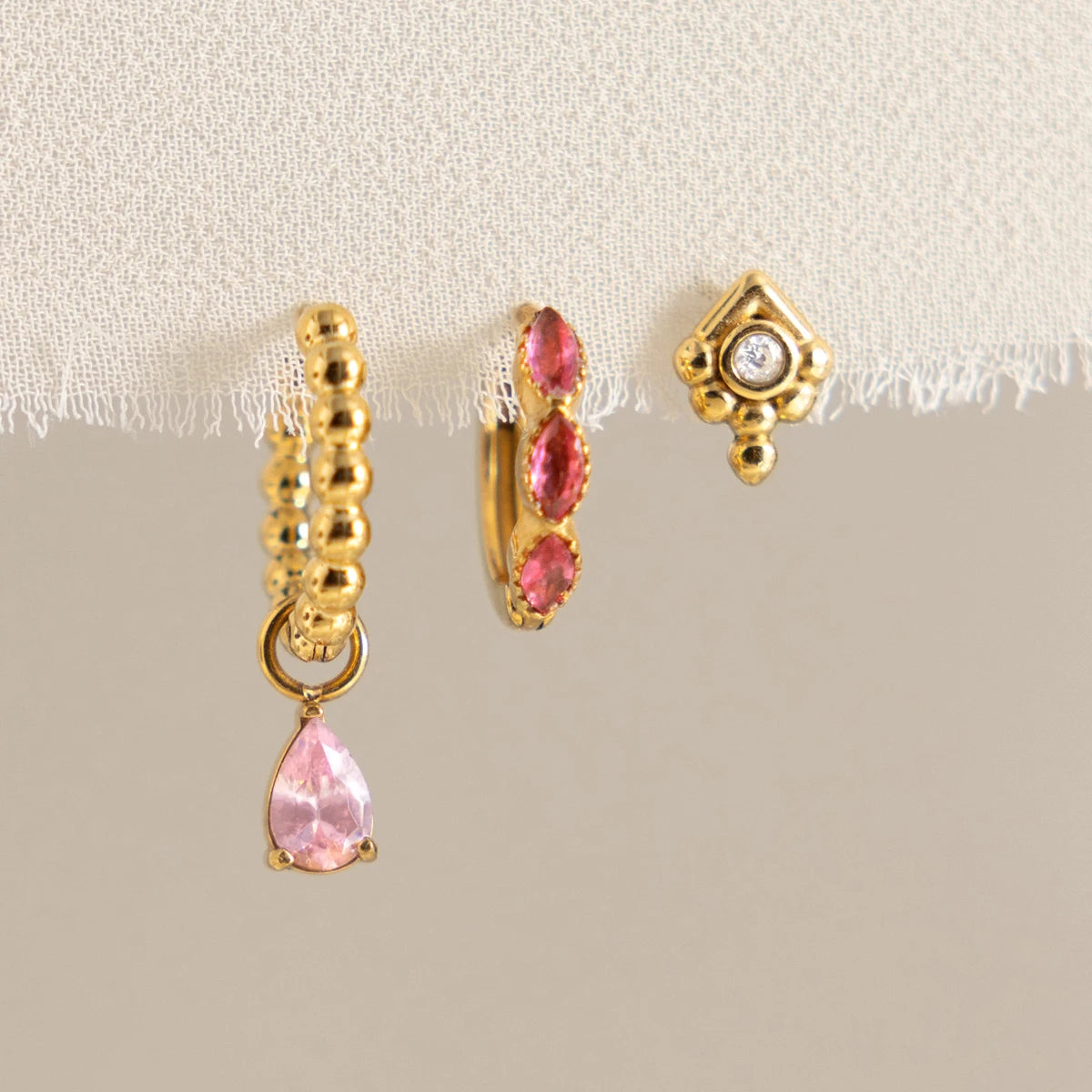 J&D Jewelry Sweet 3-Piece Pink Zirconia Earring Set 18K Gold PVD Stainless Steel Waterproof Drop Huggie Stud Earrings for Women
