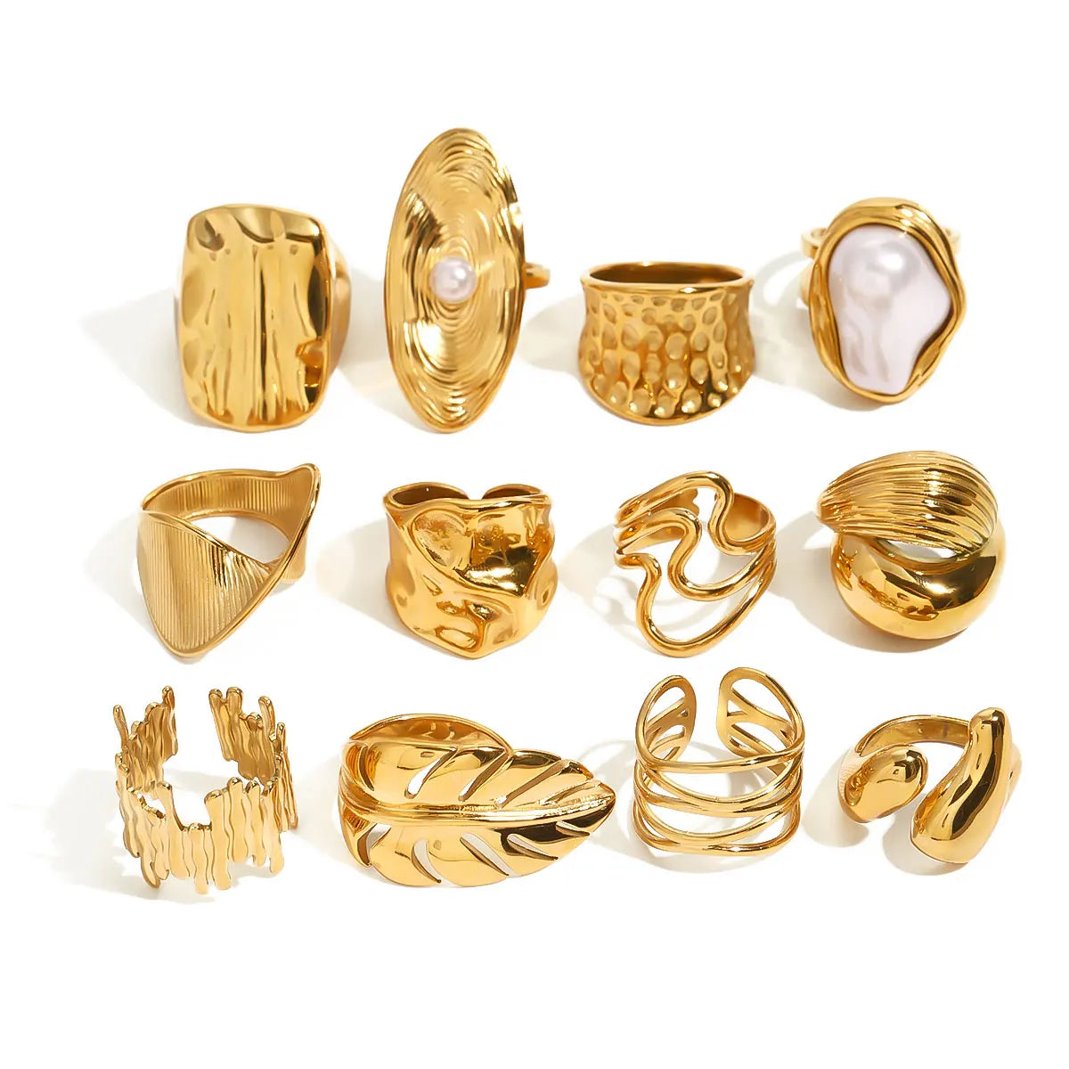 J&D Chunky Luxury Stainless Steel 18K Gold Plated Big Baroque Pearl Textured Irregular Rings
