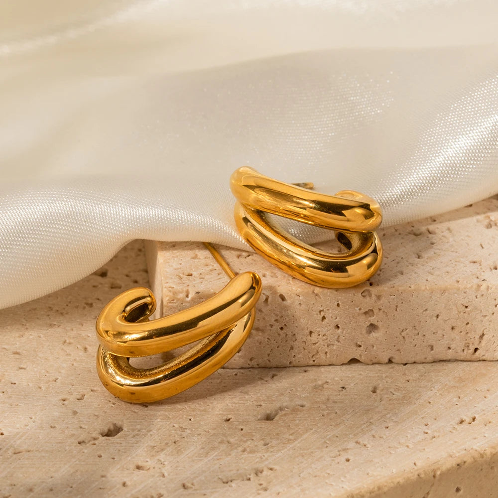 Charm Stainless Steel 18K Gold Plated Jewelry CC Shaped Double Layer Hollow Earrings for Women