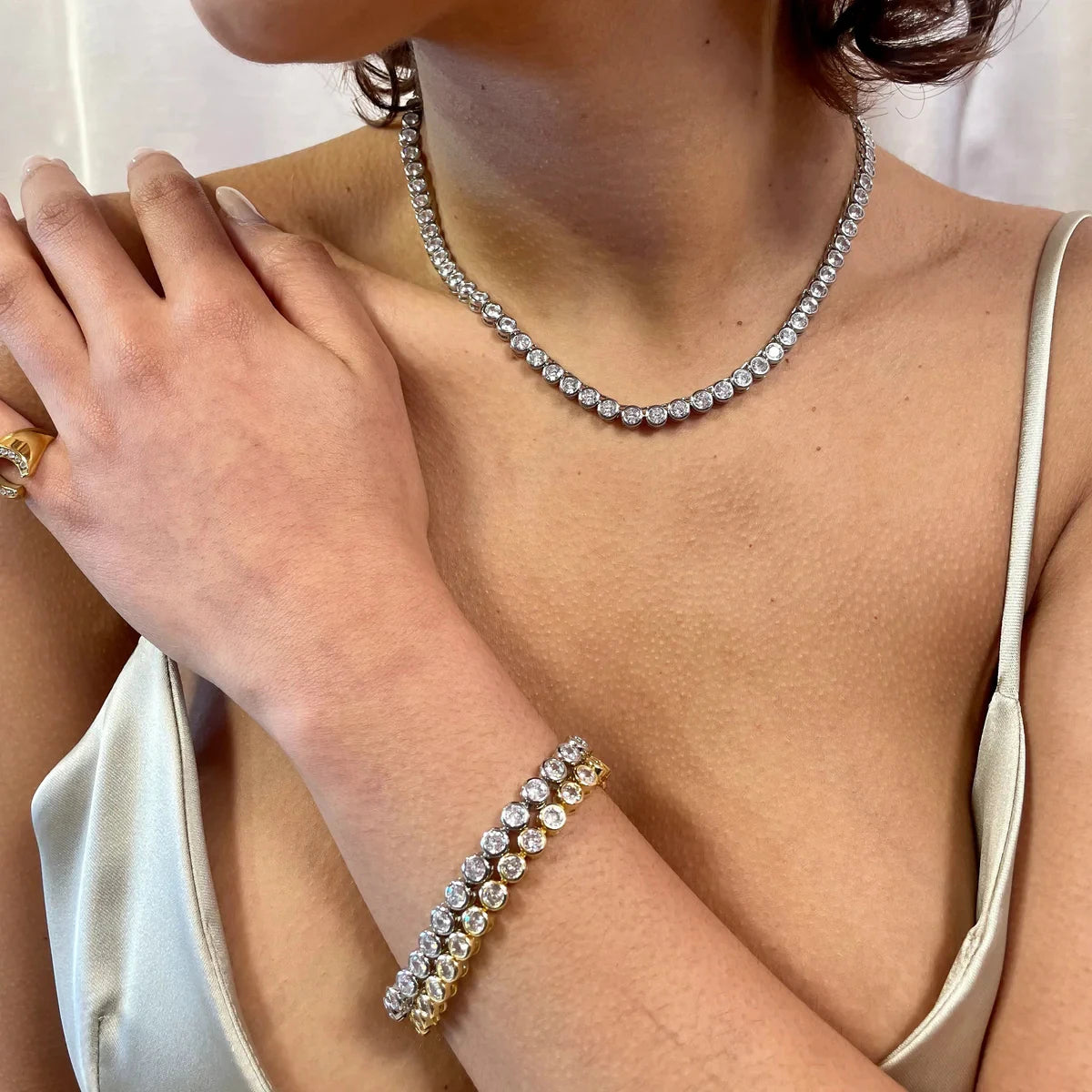J&D Jewelry 18K PVD Gold Plating Stainless Steel Health Sport Heart Round Tennis Chain Bracelet