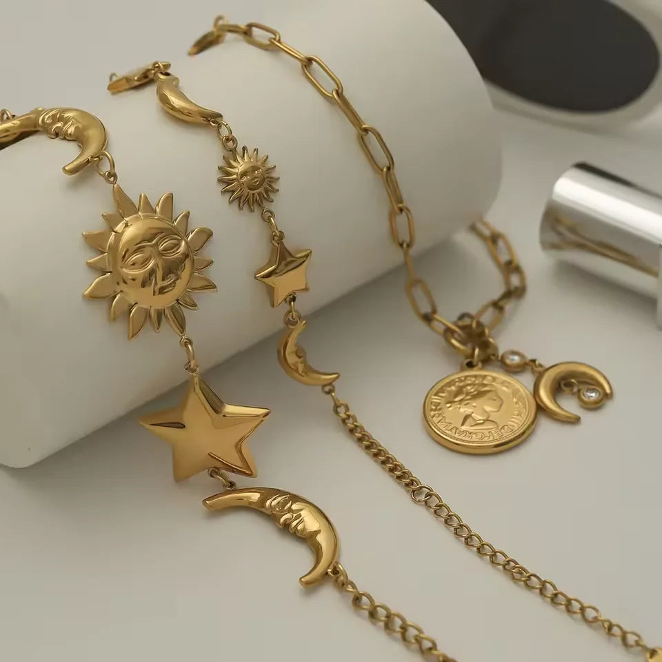J&D Waterproof Beach Ocean Star Moon Bracelet Stainless Steel Stackable Coin Sun Pendant Bracelet Women's Jewelry