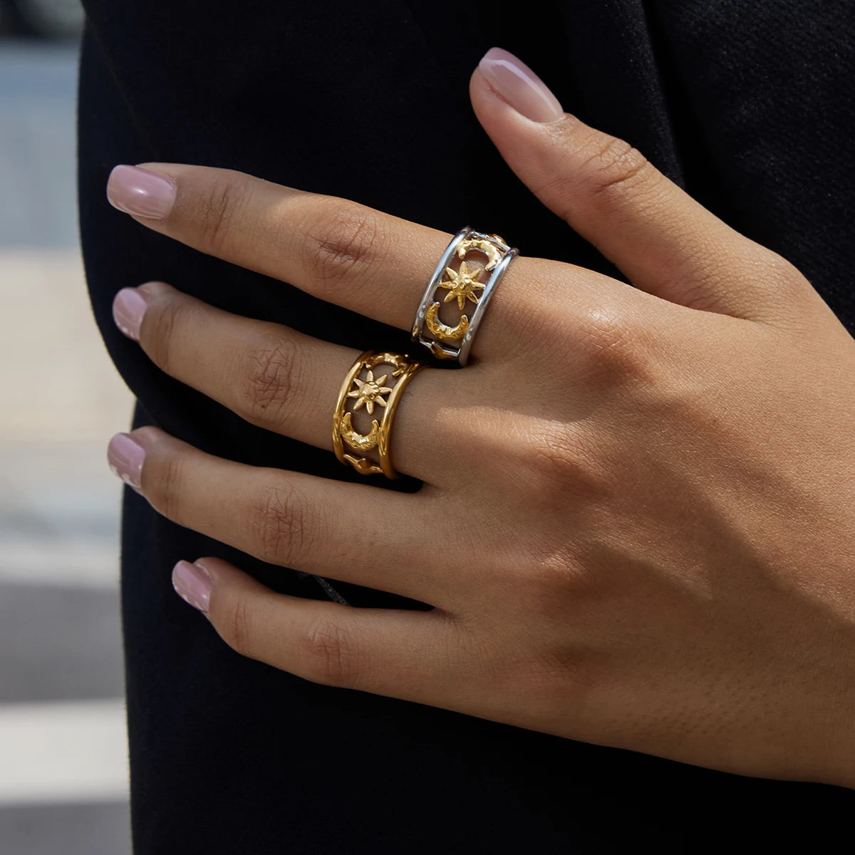 J&D Minimalist 18k Gold Fashion Ring Women Jewelry Starry Moon Hollow Double Layered Open  Ring