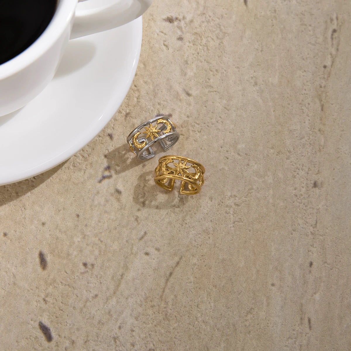 J&D Minimalist 18k Gold Fashion Ring Women Jewelry Starry Moon Hollow Double Layered Open  Ring