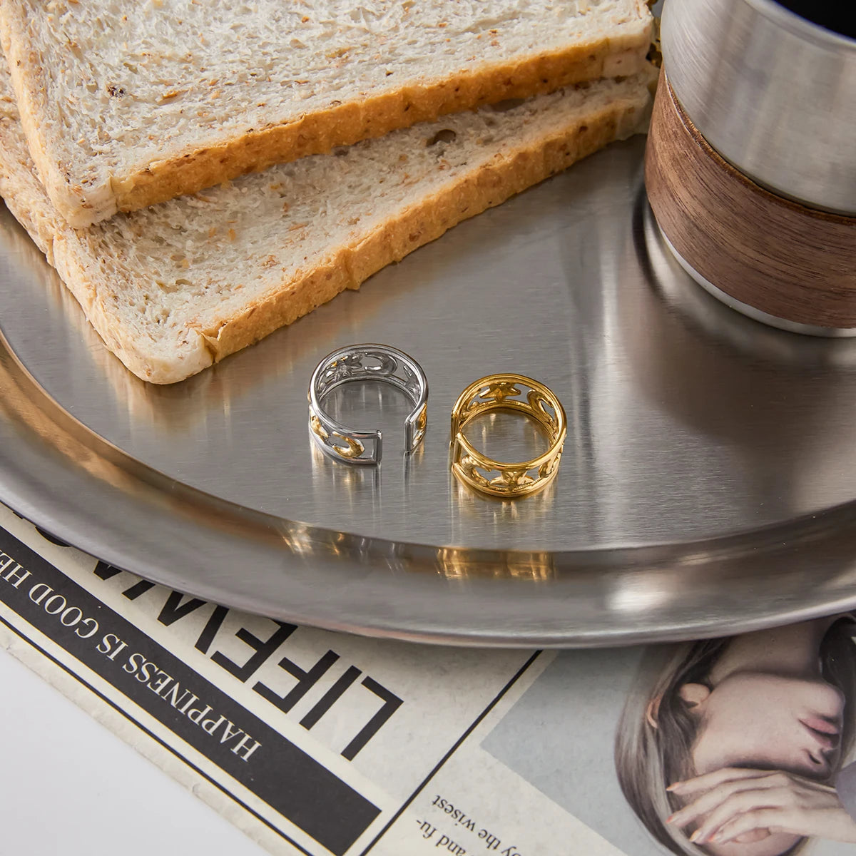 J&D Minimalist 18k Gold Fashion Ring Women Jewelry Starry Moon Hollow Double Layered Open  Ring