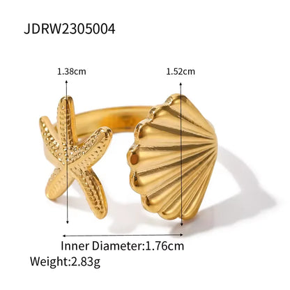 J&D Trendy Geometric Wide Stainless Steel Ring 18K Gold Color Ocean Shell Conch Waterproof Jewelry