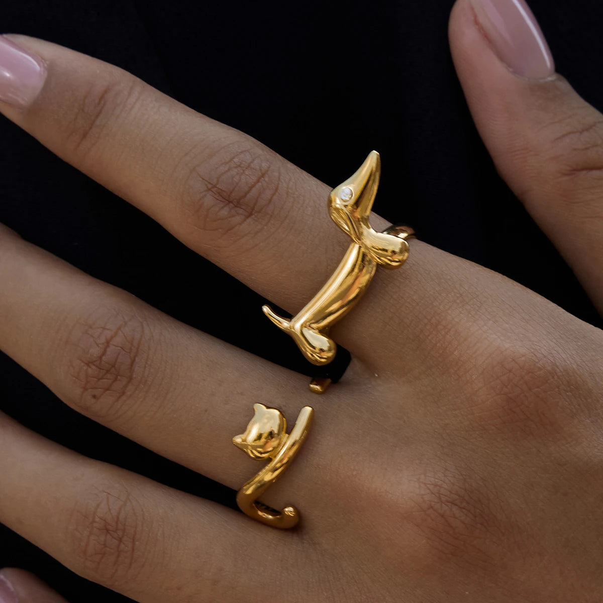 J&D Minimalist 18K Gold Stainless Steel Geometric Lines Lucky Cat Ring Dog Simple Adjustable Opening Rings