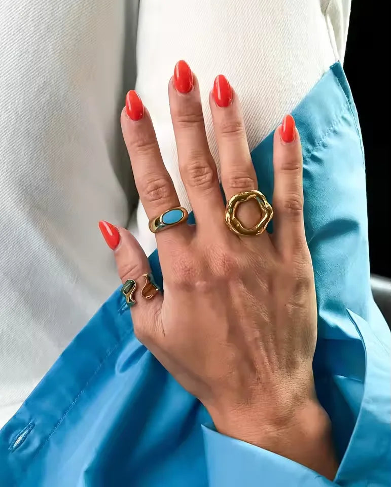 J&D Trendy Geometric Wide Stainless Steel Ring 18K Gold Color Ocean Shell Conch Waterproof Jewelry