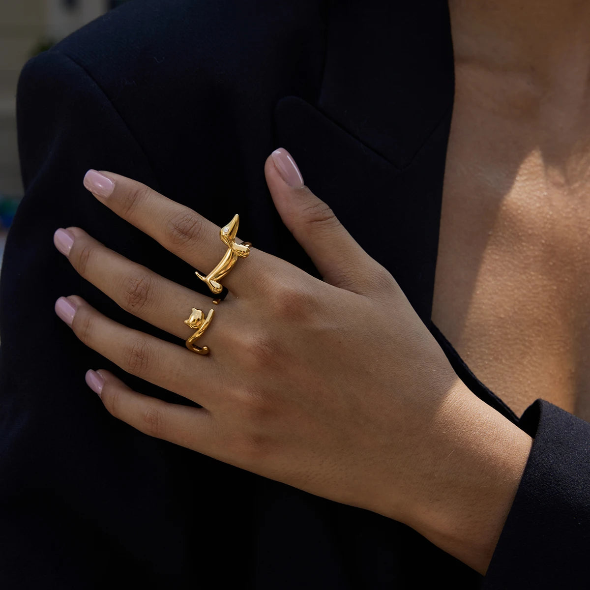J&D Minimalist 18K Gold Stainless Steel Geometric Lines Lucky Cat Ring Dog Simple Adjustable Opening Rings