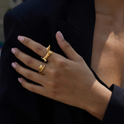 J&D Minimalist 18K Gold Stainless Steel Geometric Lines Lucky Cat Ring Dog Simple Adjustable Opening Rings