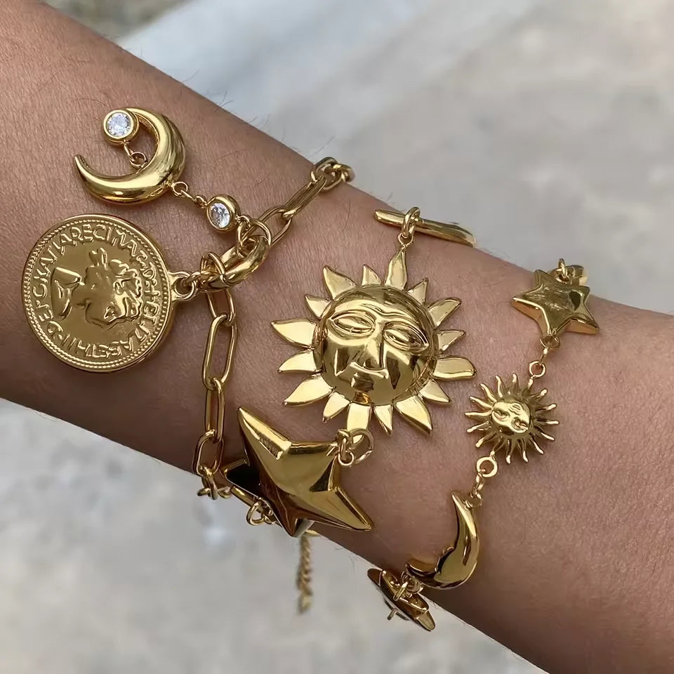 J&D Waterproof Beach Ocean Star Moon Bracelet Stainless Steel Stackable Coin Sun Pendant Bracelet Women's Jewelry