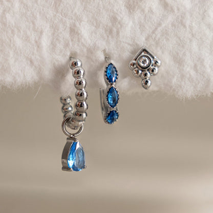 J&D Jewelry Sweet 3-Piece Blue Zirconia Earring Set Silver Color Stainless Steel Waterproof Drop Huggie Stud Earrings for Women