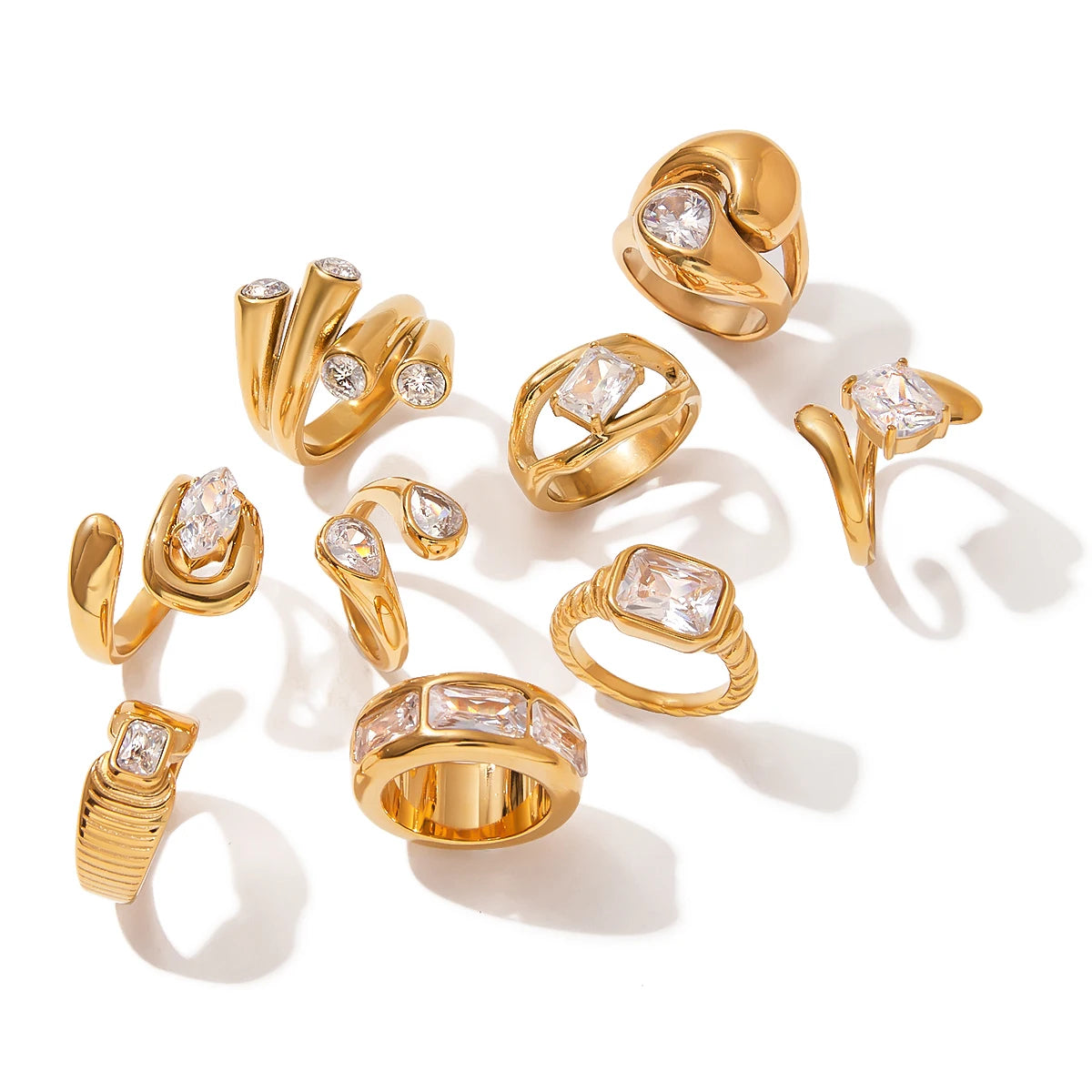 J&D 18K PVD Gold Plate Stainless Steel Rings Trendy Waterproof Delicate Zircon Adjustable Ring
