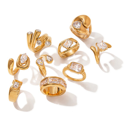 J&D 18K PVD Gold Plate Stainless Steel Rings Trendy Waterproof Delicate Zircon Adjustable Ring