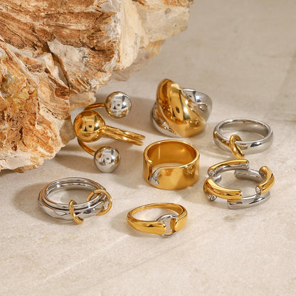 J&D Modern Chic 18K Gold Stainless Steel Rings Two-Tone Layered Ribbed Gold Silver Mixed Design Rings