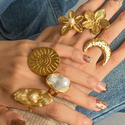 J&D Chunky Luxury Stainless Steel 18K Gold Plated Big Baroque Pearl Moon Sun Floral Irregular Rings