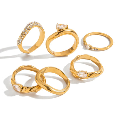 J&D 18K PVD Gold Plated Stainless Steel Rings Classic Trendy White Zircon Oval Braided Pattern Ring