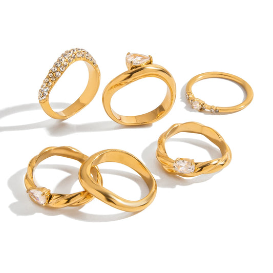 J&D 18K PVD Gold Plated Stainless Steel Rings Classic Trendy White Zircon Oval Braided Pattern Ring