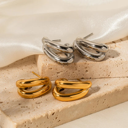 Charm Stainless Steel 18K Gold Plated Jewelry CC Shaped Double Layer Hollow Earrings for Women