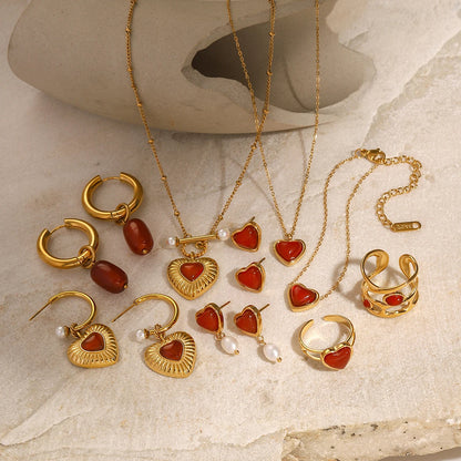 J&D Jewelry 18K Gold Stainless Steel Red Agate Natural Stone Pendant Necklace Rings Earrings Christmas Gift