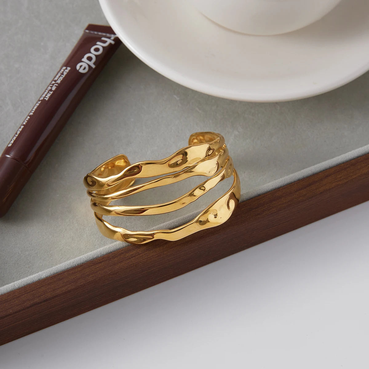 J&D Fashion 18K Gold Plated Stainless Steel Bangle Zircon Wave Twist Layer High Polished Bangles Stacking Rings