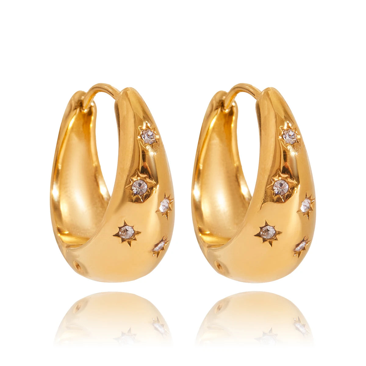 J&D Classic Elegant 18k Gold Stainless Steel Earring Classic Eight Awn Star Hollow Rhinestone Hoop Earrings