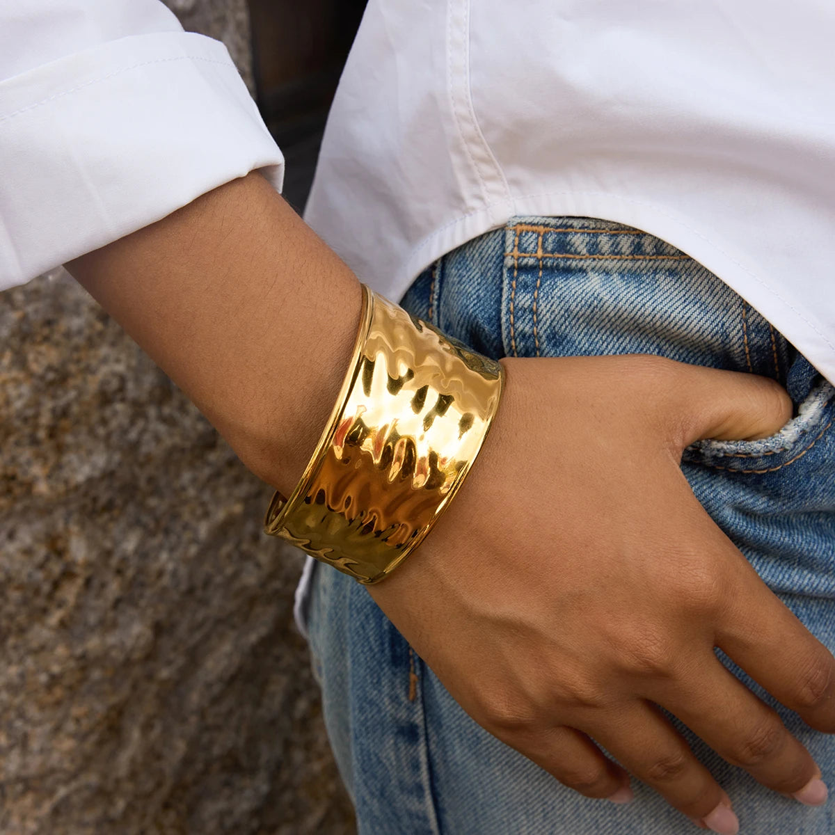 J&D 18K PVD Gold Plate Stainless Steel Bracelet Winter Trendy Minimalist Style Wide Wavy Cuff Bangle