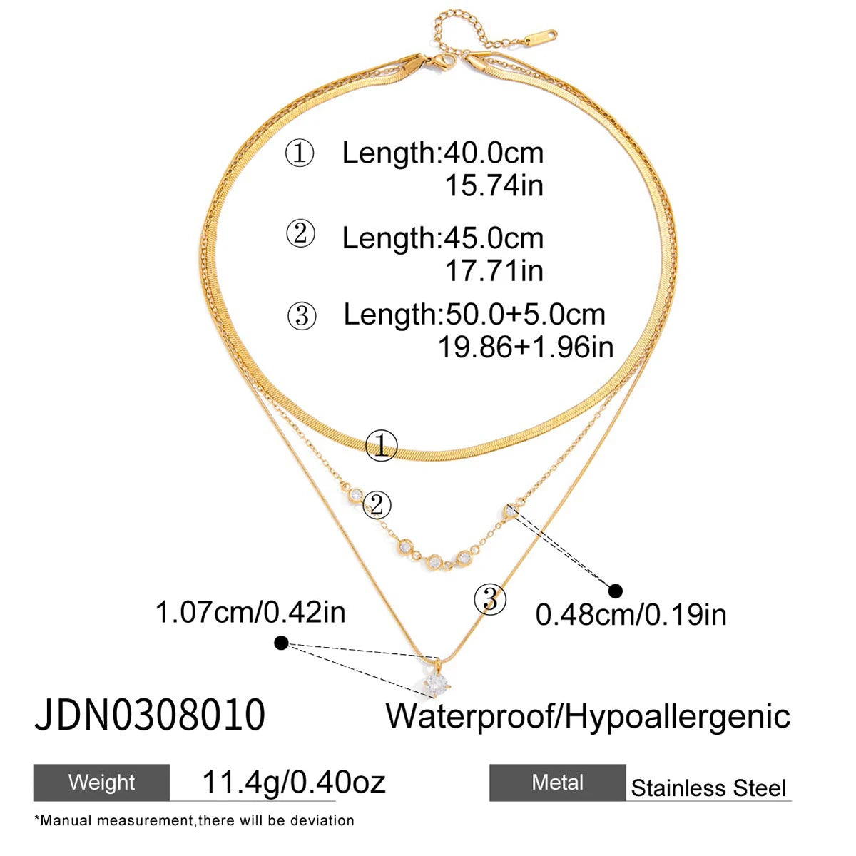 J&D Jewelry Waterproof Stainless Steel 18K PVD Gold Plating Three Layers Round Flat Snake Chain Necklace