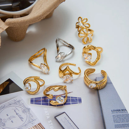 J&D Fashion Dainty Rings With Zircon Hollow Flower O-shaped Geometric Zircon Series Open Rings for Delicate Women
