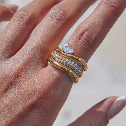 J&D 18K PVD Gold Plated Stainless Steel Rings Classic Trendy White Zircon Oval Braided Pattern Ring