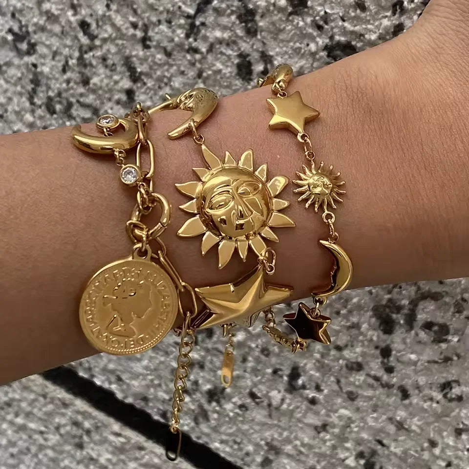 J&D Waterproof Beach Ocean Star Moon Bracelet Stainless Steel Stackable Coin Sun Pendant Bracelet Women's Jewelry