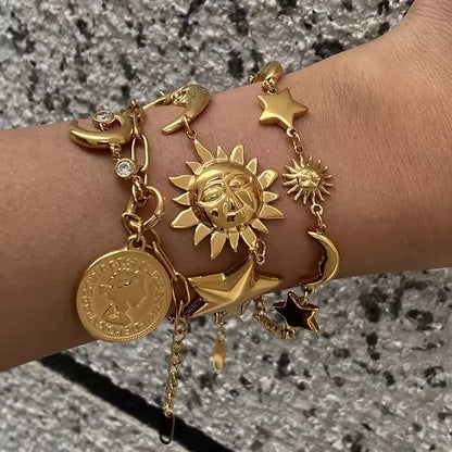 J&D Waterproof Beach Ocean Star Moon Bracelet Stainless Steel Stackable Coin Sun Pendant Bracelet Women's Jewelry