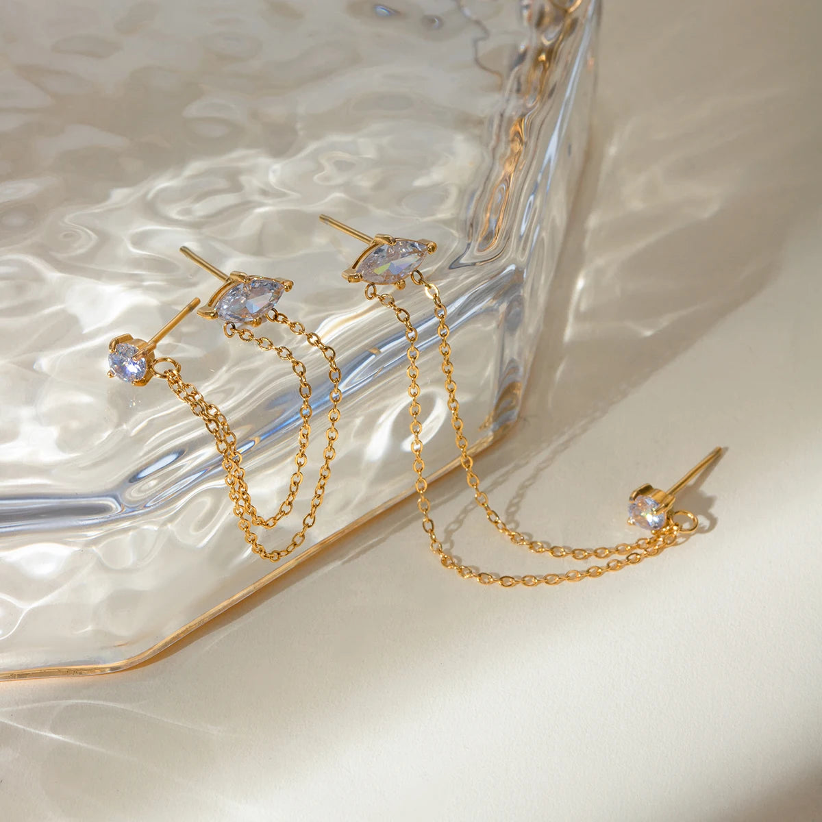 J&D Unique Design Stainless Steel Gold Earrings 18K Women Tassel Round Marquise Zirconia Chain Earrings
