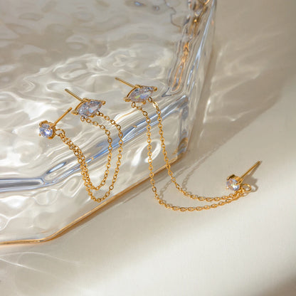 J&D Unique Design Stainless Steel Gold Earrings 18K Women Tassel Round Marquise Zirconia Chain Earrings