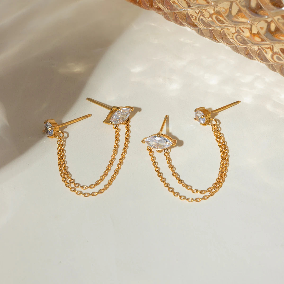 J&D Unique Design Stainless Steel Gold Earrings 18K Women Tassel Round Marquise Zirconia Chain Earrings