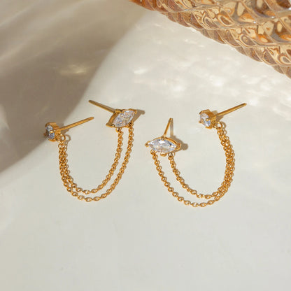 J&D Unique Design Stainless Steel Gold Earrings 18K Women Tassel Round Marquise Zirconia Chain Earrings