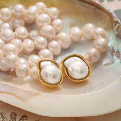 J&D Ladies 18K Gold Stainless Steel Resin High Bright Shell Pearl Shaped Stud Earrings Elegant Style