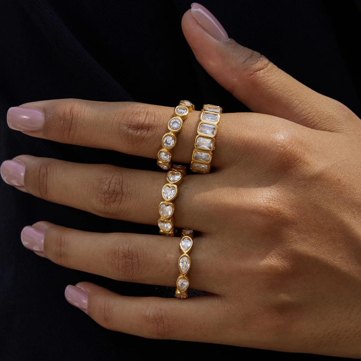 J&D Minimalist 18K Gold Plated Stainless Steel Round Rectangle Heart TearDrop CZ Cubit Zircon Stack Rings