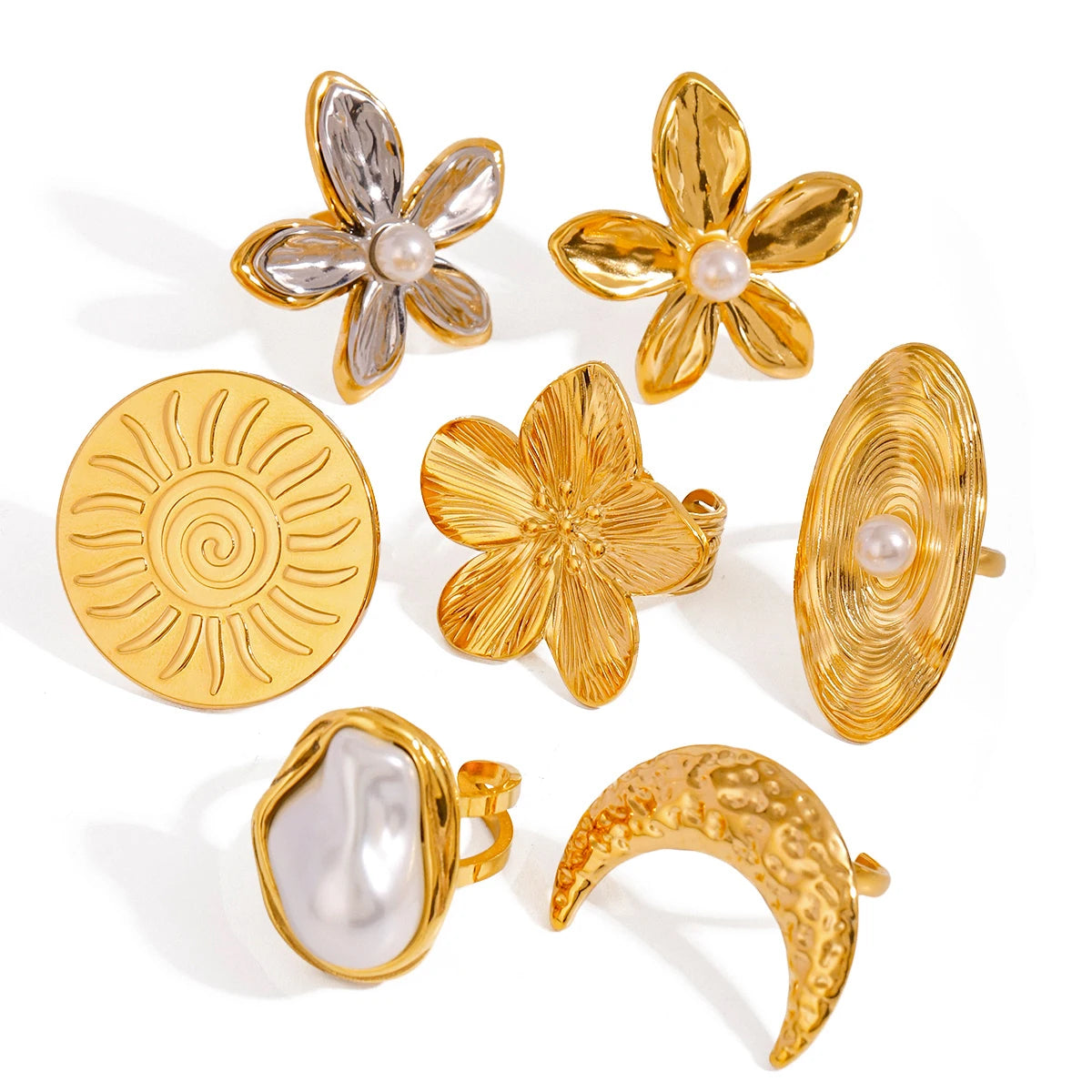 J&D Chunky Luxury Stainless Steel 18K Gold Plated Big Baroque Pearl Moon Sun Floral Irregular Rings