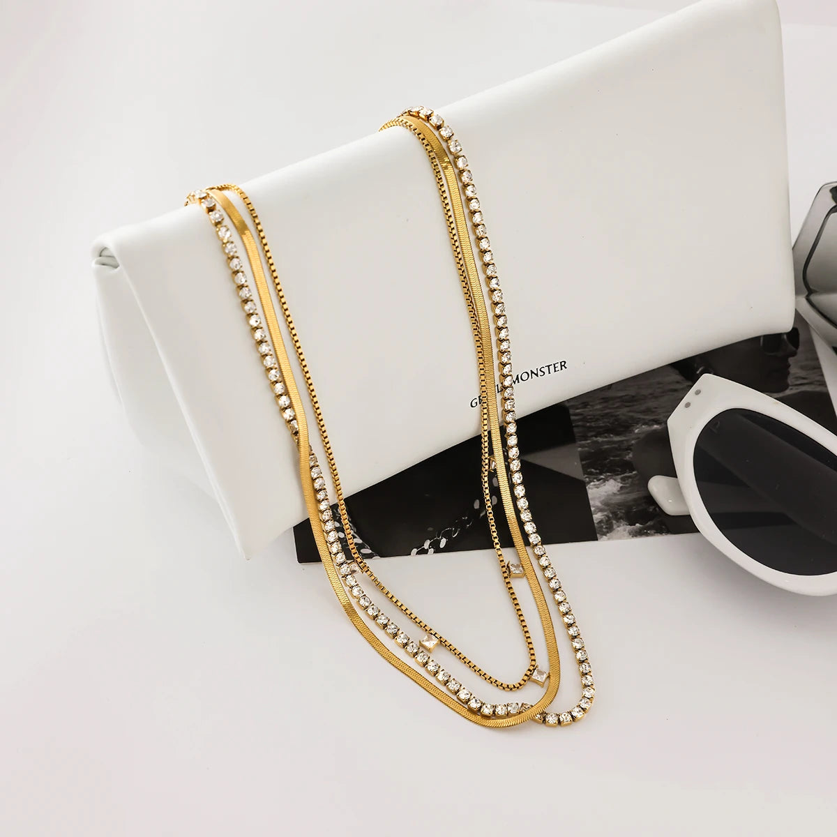 J&D Luxury 18K Gold Stainless Steel square Zircon Pendant Rhinestone Chain Blade Chain Multi-layer Necklaces