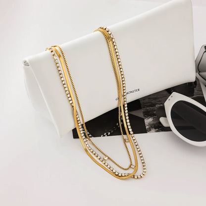 J&D Luxury 18K Gold Stainless Steel square Zircon Pendant Rhinestone Chain Blade Chain Multi-layer Necklaces