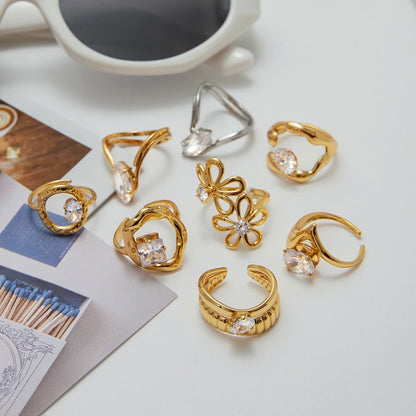 J&D Fashion Dainty Rings With Zircon Hollow Flower O-shaped Geometric Zircon Series Open Rings for Delicate Women