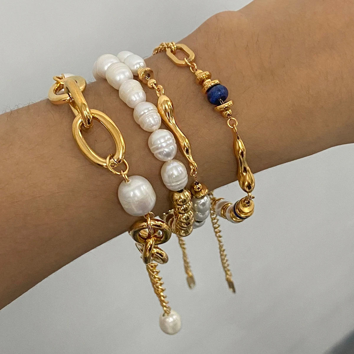 J&D Dainty Vintage Stainless Steel 18k Gold Plated Bracelets Freshwater Irregular Pearl Bracelets Set