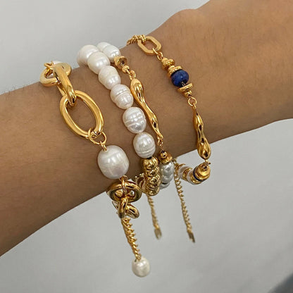 J&D Dainty Vintage Stainless Steel 18k Gold Plated Bracelets Freshwater Irregular Pearl Bracelets Set