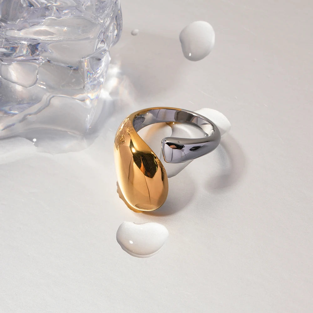 J&D Design Two-tones Ring 18K PVD Gold Plated Stainless Steel  Ring Two Tone Colorblock Cross Asymmetric Open Ring