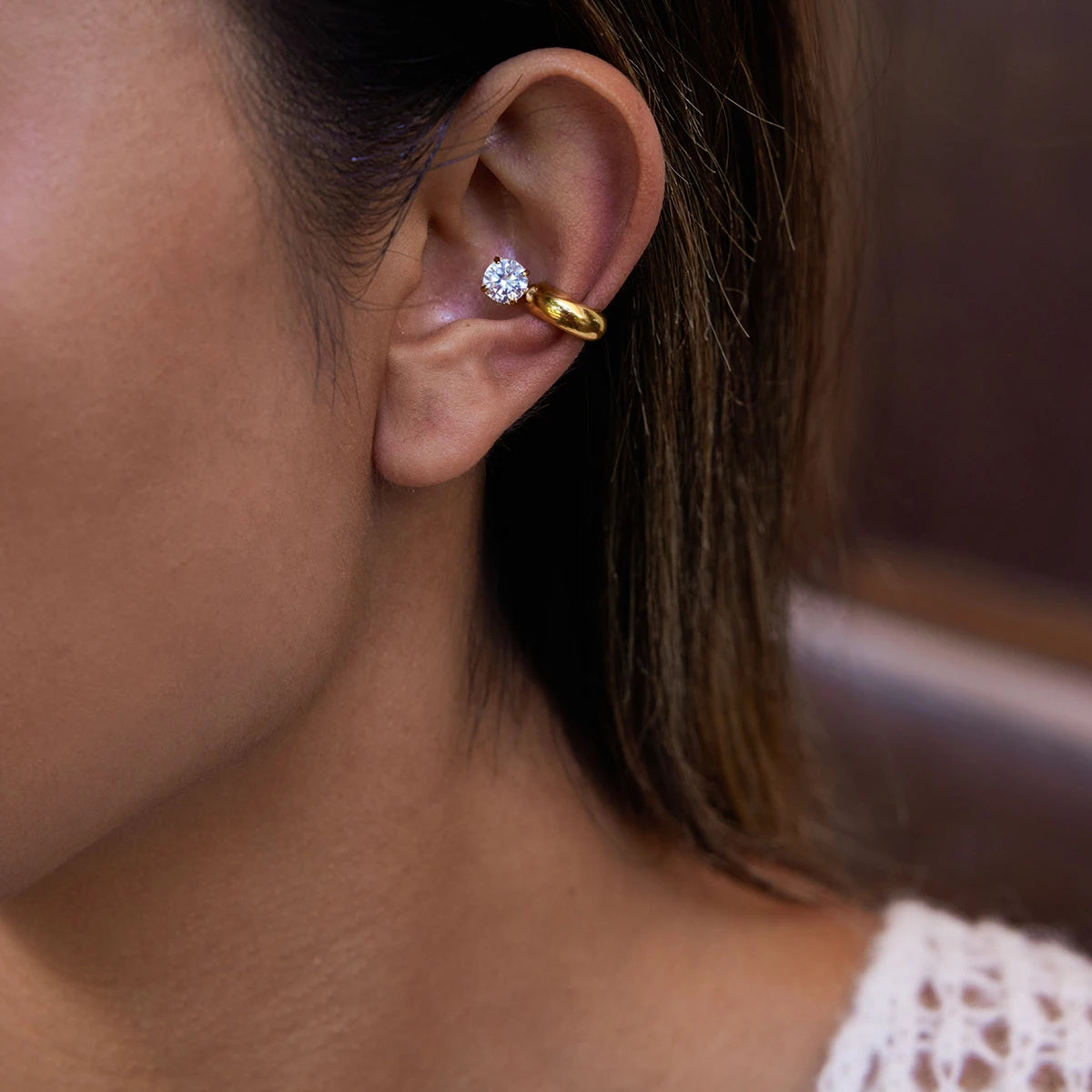 J&D Large Zircon Cuff Earring for Women Real Gold Plated Tassel Luxury Solitaire Cuff Earring