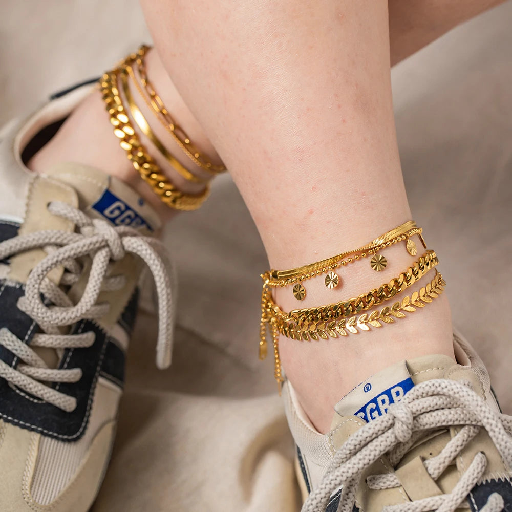 Dainty 18k Gold Plated Stainless Steel Simple Jewelry Gift Waterproof  Chain Cross Double Layer Daity Anklet for Women