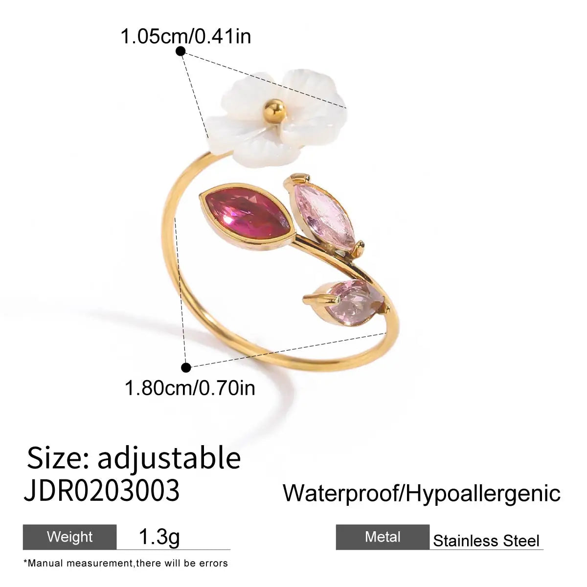 J&D Trendy Sweet and Sassy White Pearl Flower Purple Pink Red Green Zircon Open Ring