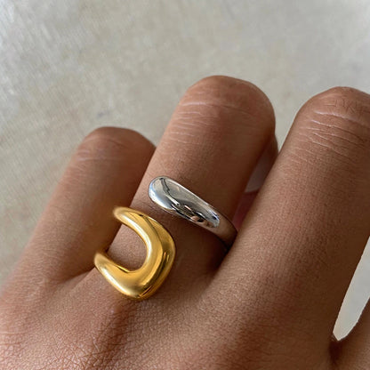 J&D Design Two-tones Ring 18K PVD Gold Plated Stainless Steel  Ring Two Tone Colorblock Cross Asymmetric Open Ring